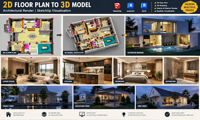 convert 2d floor plan to 3d model archictectural render sketch up visualization