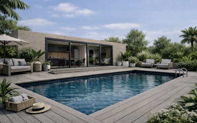 remodel modular pool house, render container house, outdoor lounge, landscaping