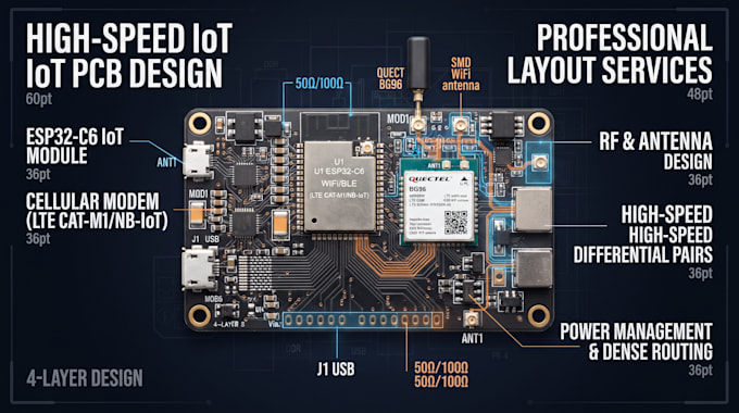 develop high speed iot pcb with esp32 c6, cellular modern and rf layout