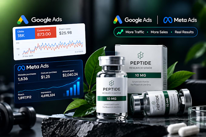 setup and manage peptide google ads, facebook ads for peptide supplement stores
