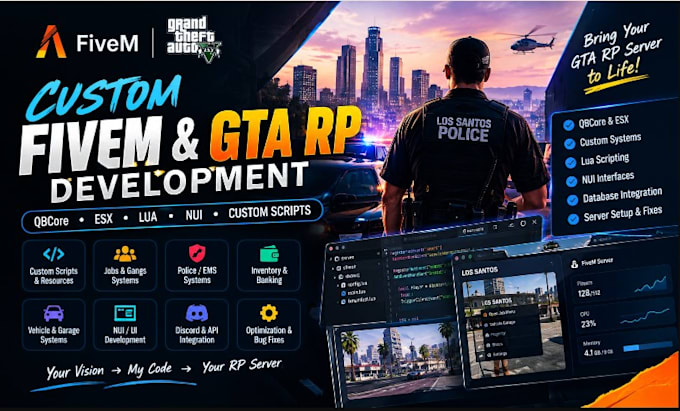 develop custom fivem gta rp scripts, qbcore, esx, lua and server systems fivem