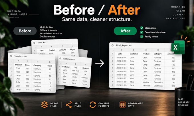 merge split convert and organize excel or CSV files