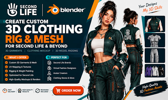 create secondlife rig 3d clothing mockup 3d garments for brand 3d model rigging
