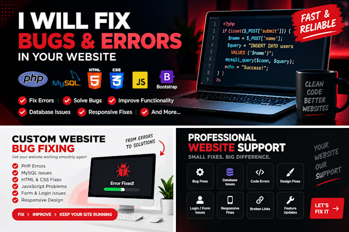 fix bugs and errors in your PHP HTML CSS javascript website