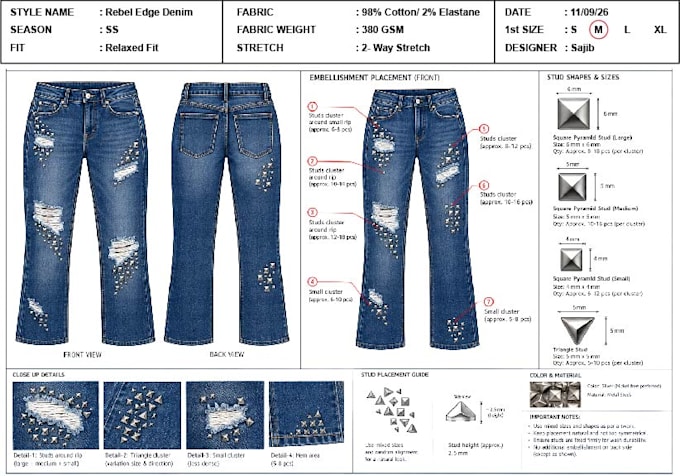 make women denim tech pack with emblishment design