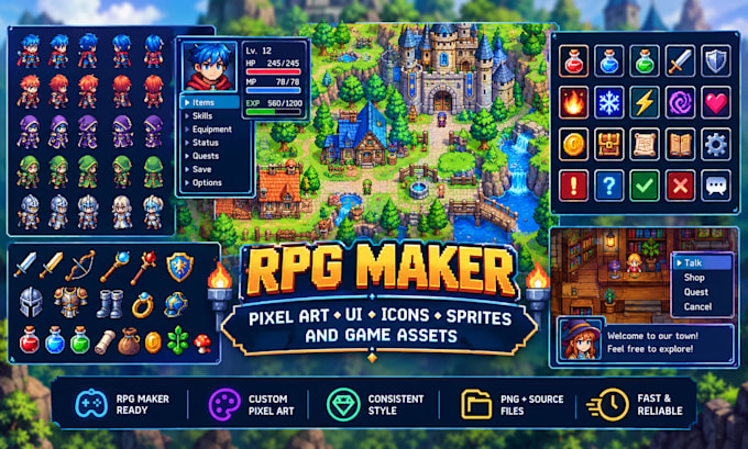 create rpg maker pixel art, ui, icons, sprites and game assets