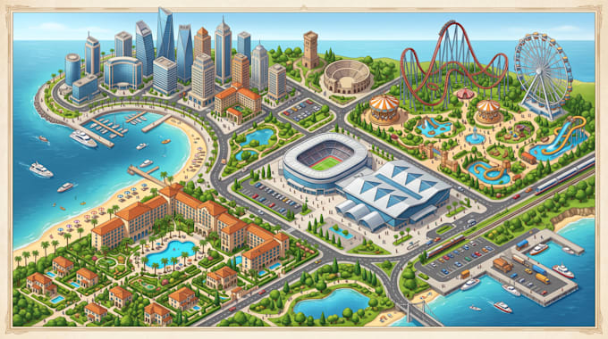 design a city wayfinding map, tourist, resort, event, amusement map