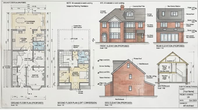 prepare UK extension and loft conversion drawing with elevation and floor plan