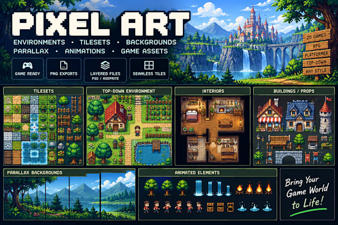 create game ready pixel art environments, tilesets and backgrounds