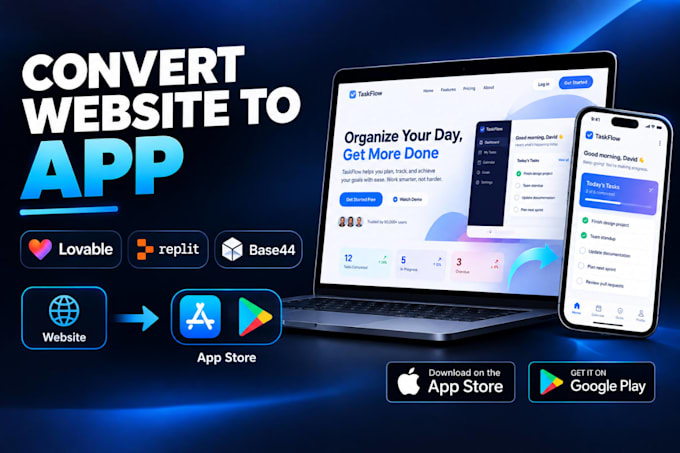 convert website to app replit ai lovable base44 android ios app store publish