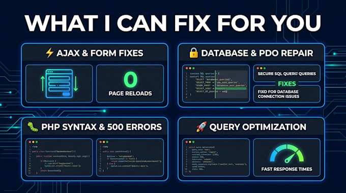 fix PHP bugs, ajax errors, database issues, and secure your website