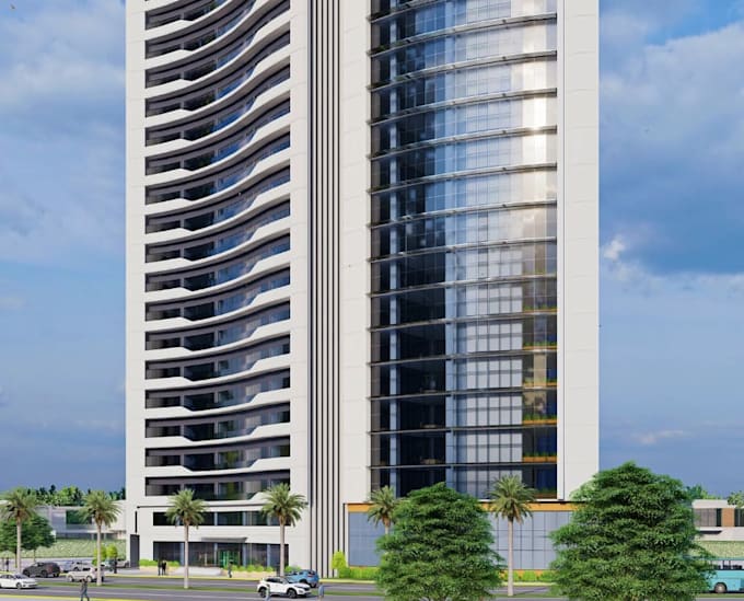 modern skyscraper designer, parametric tower building, tall glass, cgi rendering