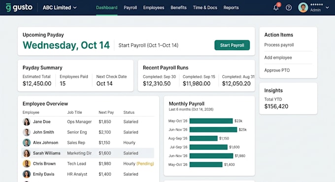 process your US payroll in gusto, adp or quickbooks payroll