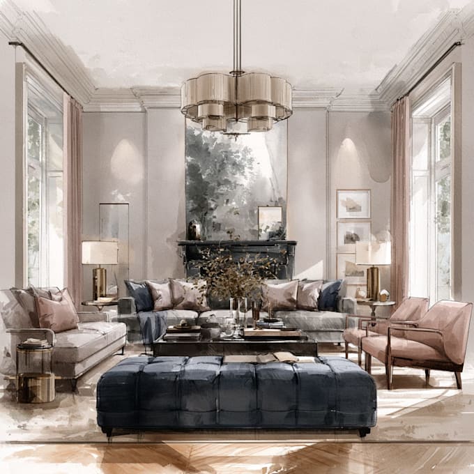 do watercolor style architectural or interior illustration