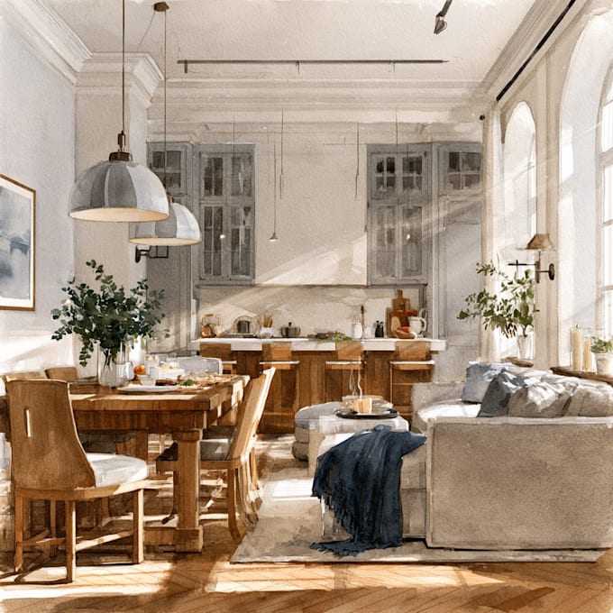 draw room interior sketches with watercolor rendering