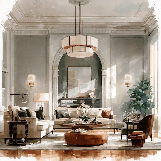 do watercolor style architectural or interior illustration