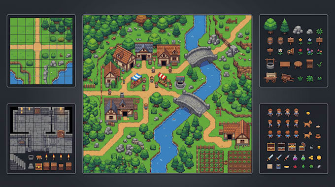 2d top down tileset and tilemap game environment isometric, top down game assets