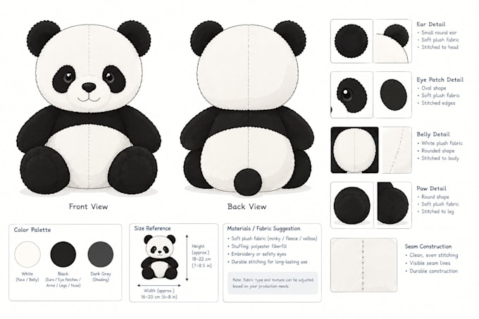 design plush reference sheet for stuffed animal, toy design and custom plushie