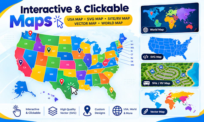 clickable interactive map USA map, svg map, site, rv map, vector map world map