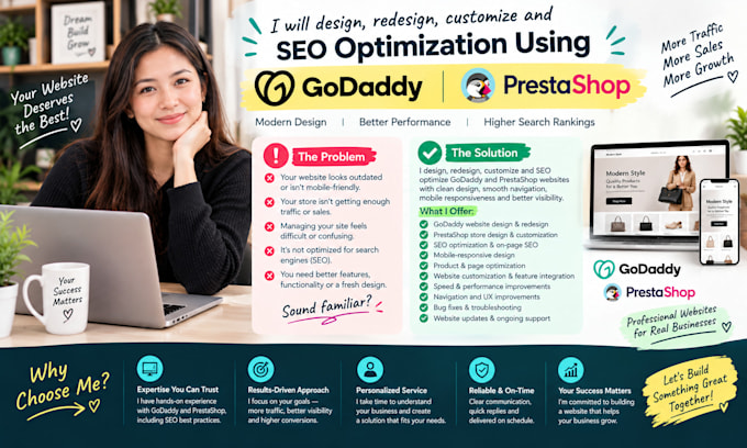design, redesign, customize and SEO optimize your godaddy or prestashop website