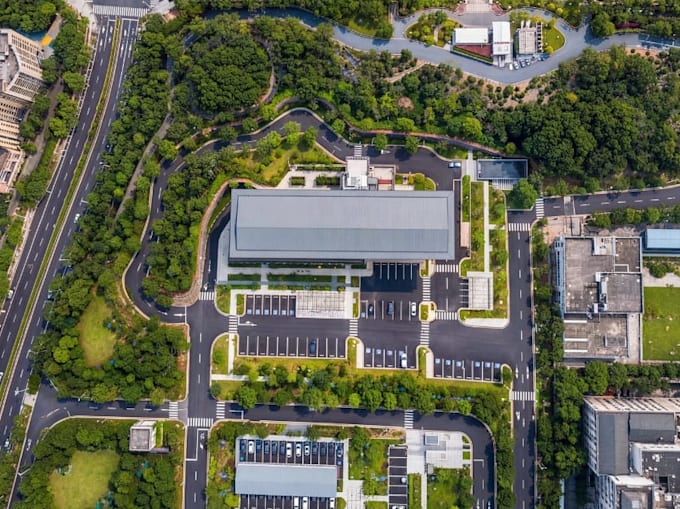 render 3d site plan, masterplan development, aerial view urban landscape, cgi