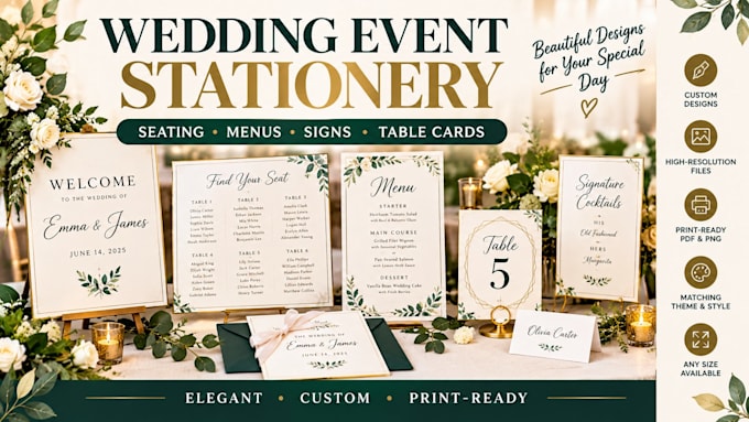 design wedding event stationery, seating, menus, signs