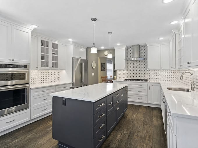 design a custom kitchen layout with cabinets and 3d rendering
