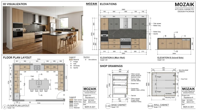 create mozaik kitchen cabinet designs, 3d layouts, elevations and shop drawings