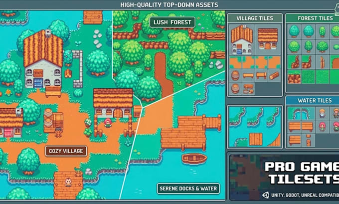 create pixel art rpg tileset and tilemap and game assets for your 2d game