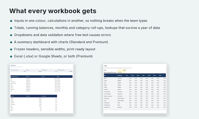 build a custom excel or google sheets tracker, budget or dashboard spreadsheet