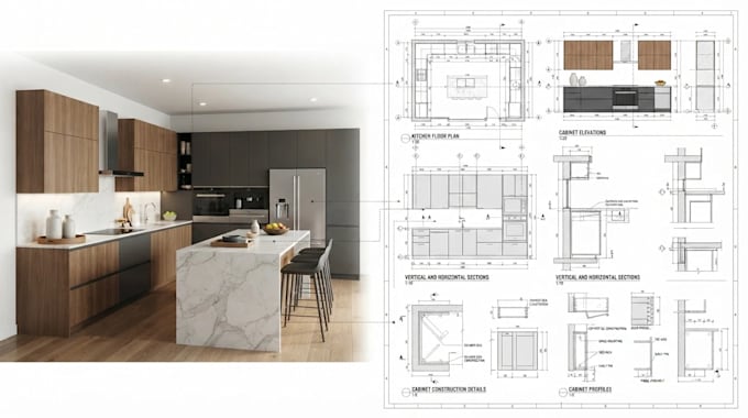 do kitchen cabinet shop drawing, cabinetry, millwork, fabrication, joinery plans