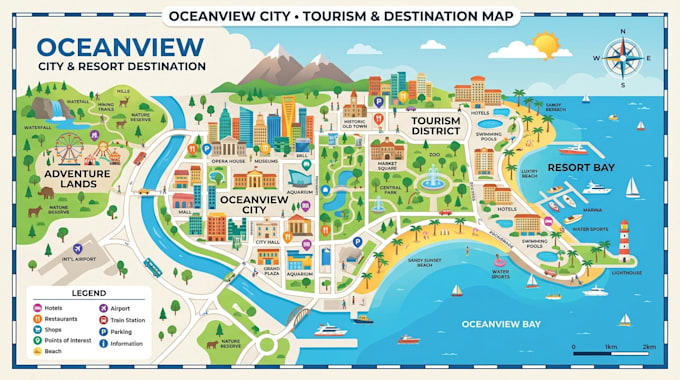 design city, tourism, resort and destination vector map illustrations