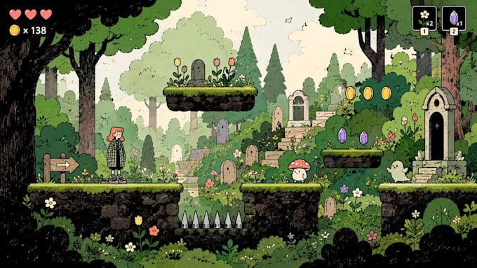 create pixel art environment design, game backgrounds, maps and scenes