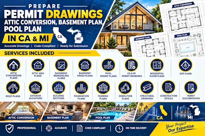 prepare permit drawings, attic conversion, basement plan, pool plan in ca and mi