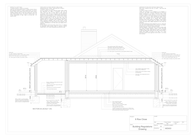 create UK building regulation detailed construction drawing with notes