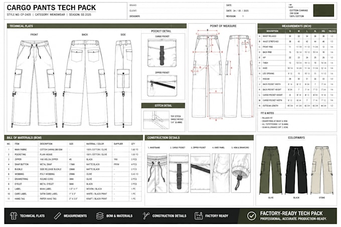 create cargo pants and cargo jogger tech pack for factory production line