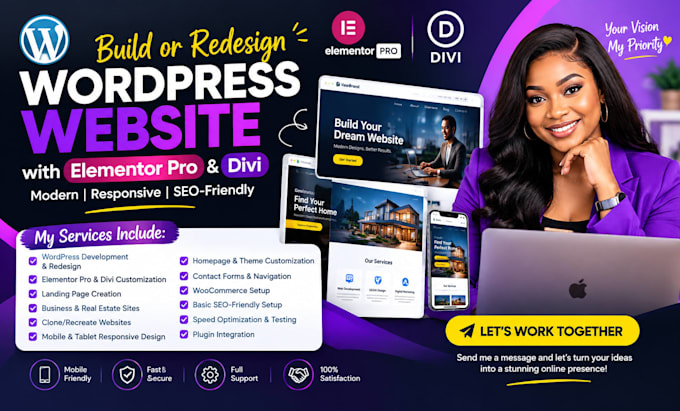 build wordpress website design redesign elementor pro divi landing page website