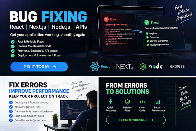fix react next js node js bugs errors and API issues