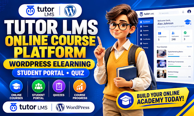 tutor lms online course platform, wordpress elearning, student portal, quiz