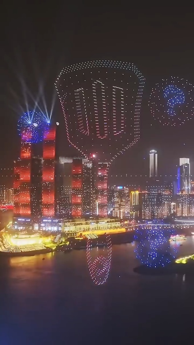 create a cinematic 3d drone light show animation for your event