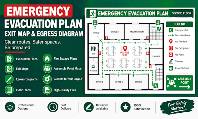 design an emergency evacuation plan, exit map, and egress diagram