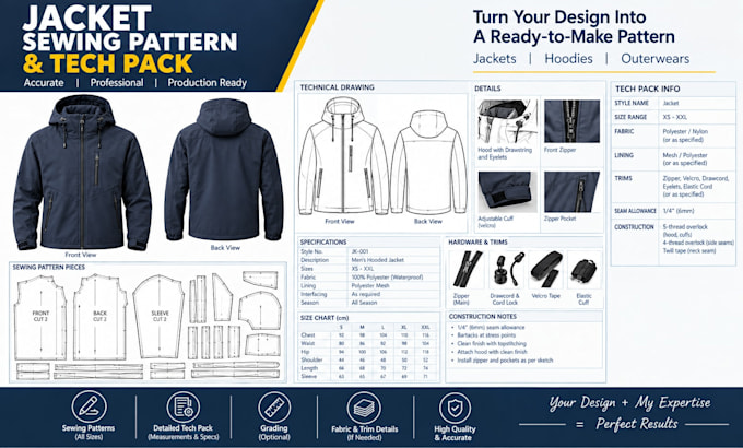 create sewing pattern and tech packs for jackets, hoodies and outwears