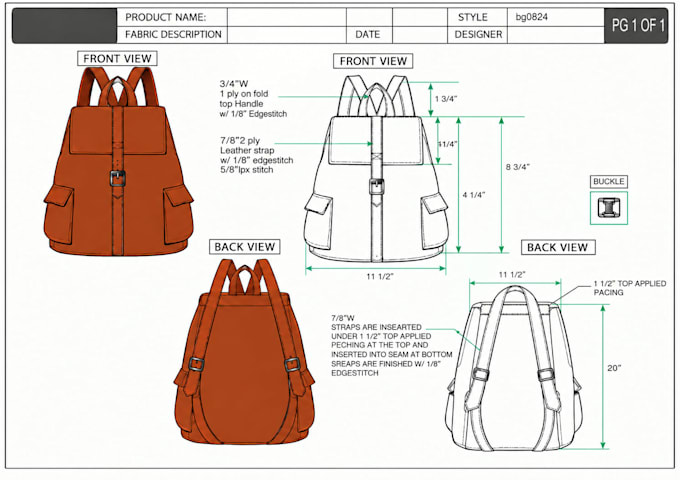 create backpack tech pack, travel bag, school bag, rucksack, specs, production