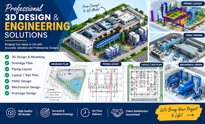 do 3d design, drainage plan, piping layout, layout, hvac, mechanical, drainage