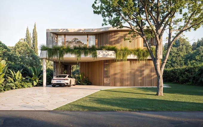 reproduce 3dbiophilic villa,outdoor dining area,open plan layout,poolside render