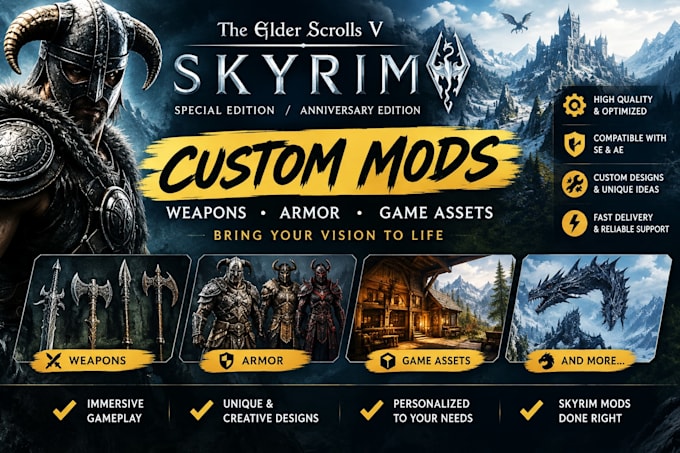 create custom skyrim se ae mods, weapons, armor and game assets