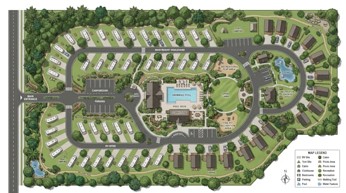 design custom rv park map, campground, resort and campsite map