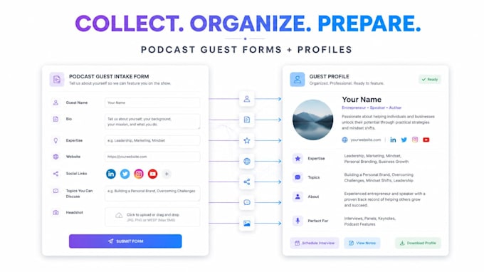 manage podcast guest onboarding forms, profiles, bios and interview prep