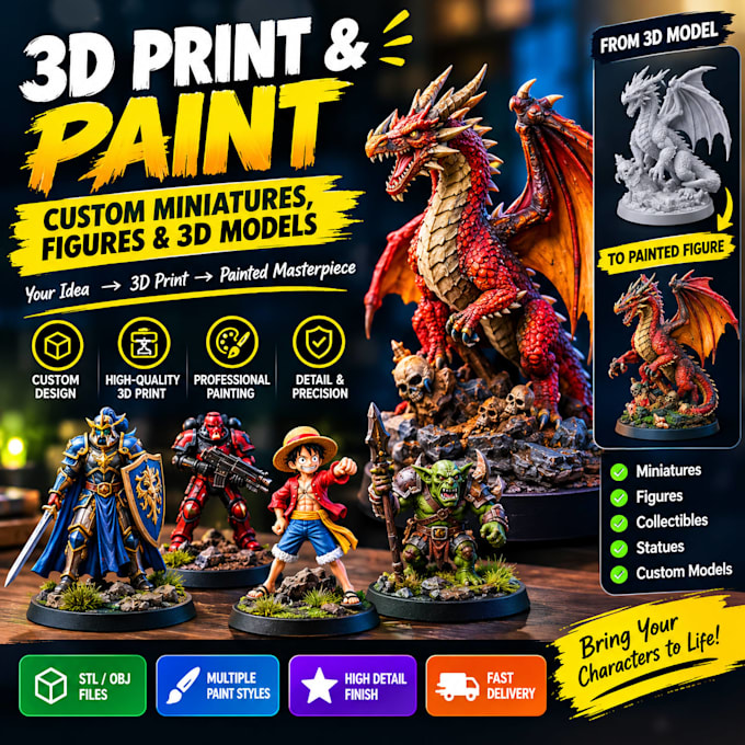 3d print and paint custom miniatures, figures and 3d models