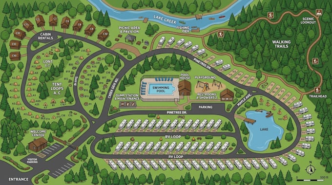 design rv park map, campground, campsite, caravan and visitor wayfinding  map